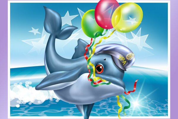 A postcard with a dolphin in a cap and balloons