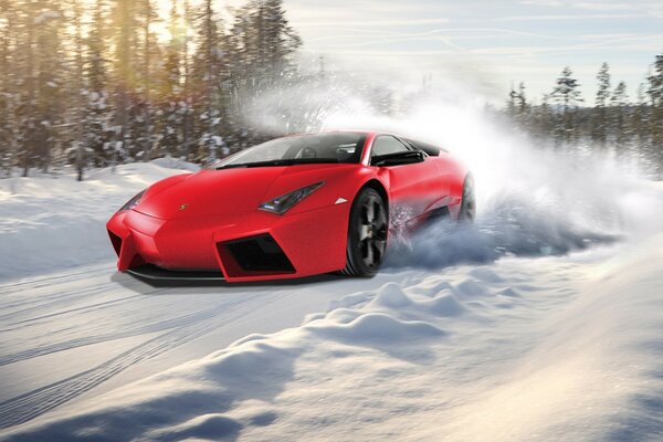 Gráficos por computadora de Lamborghini en un deslizamiento de nieve
