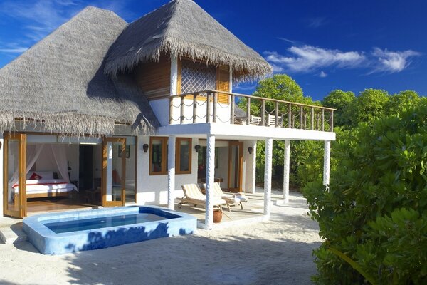 Bungalow z basenem otoczony zielenią