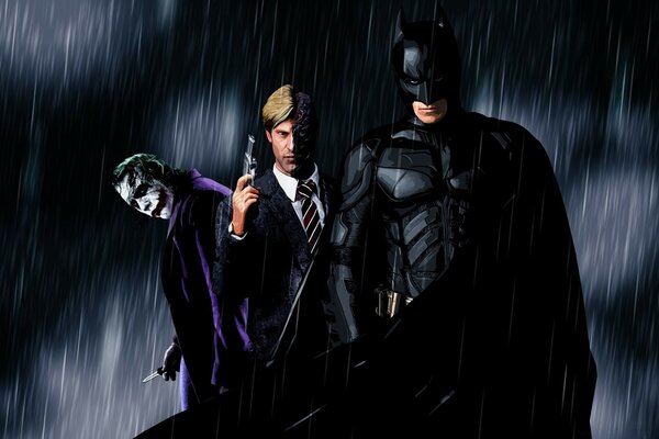 Batman, Agent and Joker in the Rain