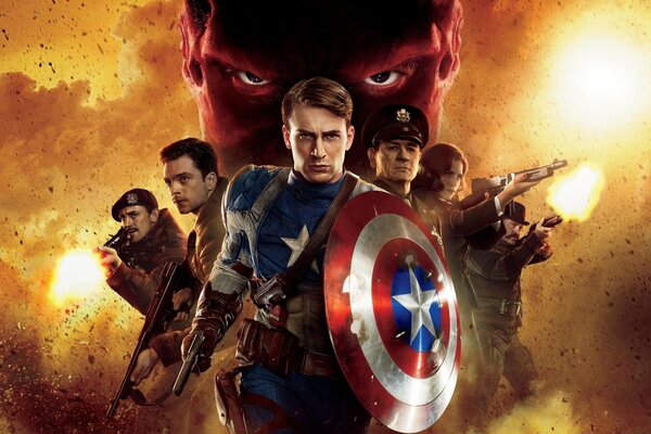 The first avenger against the background of battle and flames