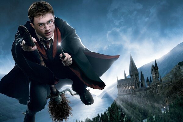 Harry Potter is flying on a broomstick