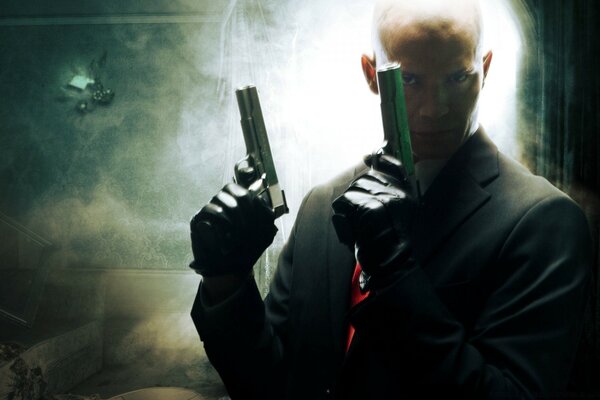 Hitman with two smoking pistols