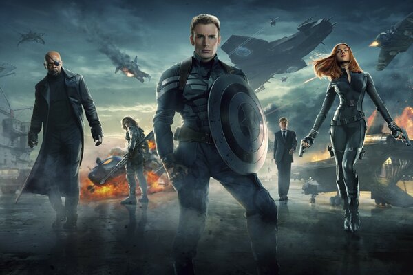 The image of the Avengers on the background of the battle