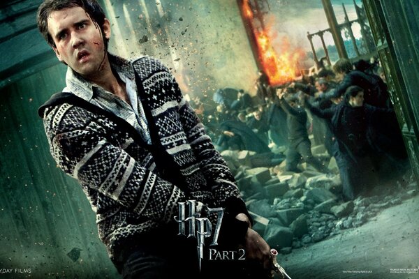 Neville from Harry Potter with a sword in the background of the battle