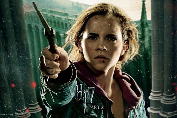 Hermione apunta con una varita a la pantalla