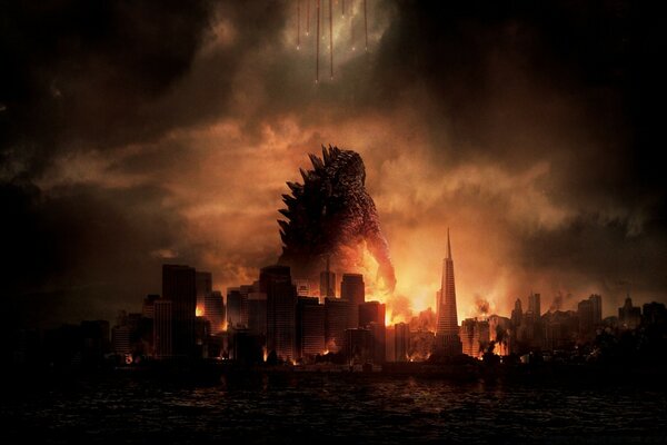 Godzilla entra em chamas na cidade