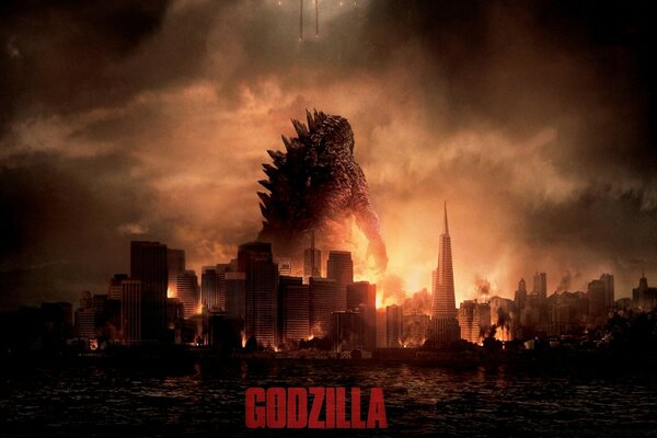 Imagem do filme Godzilla. Godzilla na cidade ao pôr do sol