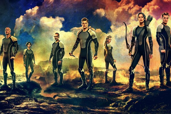 A group of superheroes with clouds behind their backs