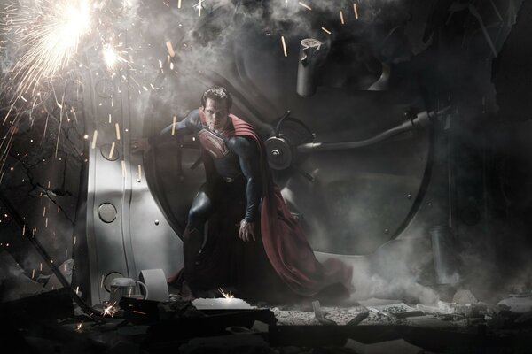 Superman on the background of an exploding bank vault