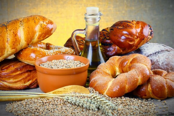 Différents produits de boulangerie. Blé et pain