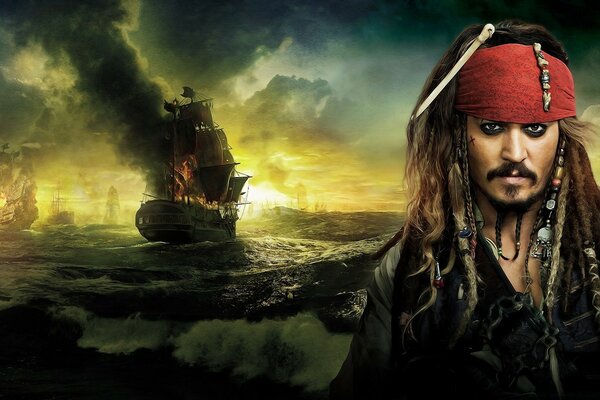 Captain Jack Sparrow vor dem Hintergrund eines brennenden Schiffes