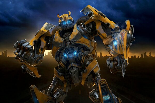 Yellow transformer on the background of the night city