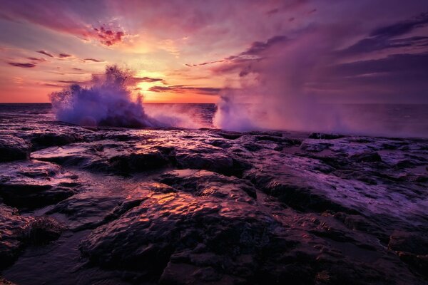 Coucher de soleil fascinant sur la mer. Ondes