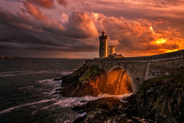 Lighthouse on the background of a beautiful sunset