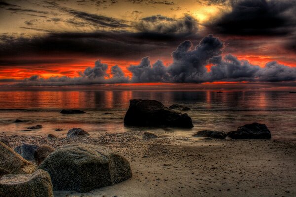 Sunset reflection in the water, beach