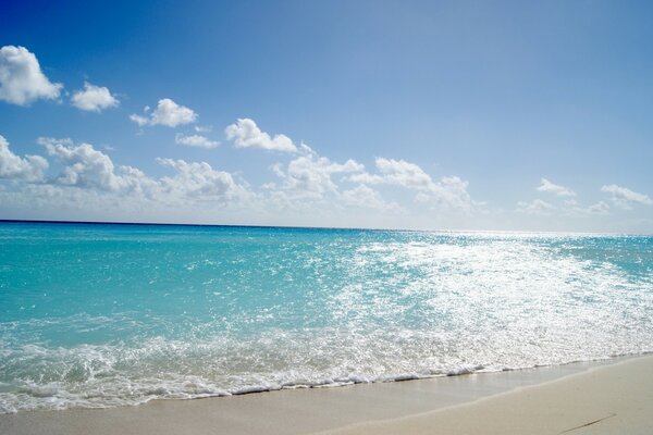 The blue ocean caresses the white sand