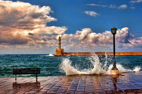 Beautiful view of the lighthouse in the sea