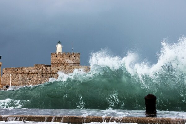 Waves of the raging sea near the castle