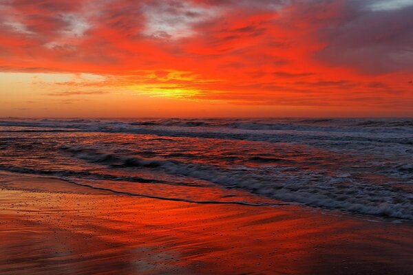 Red dawn envelops the ocean