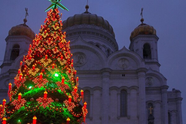 Christmas tree on the background of the temple. Holiday