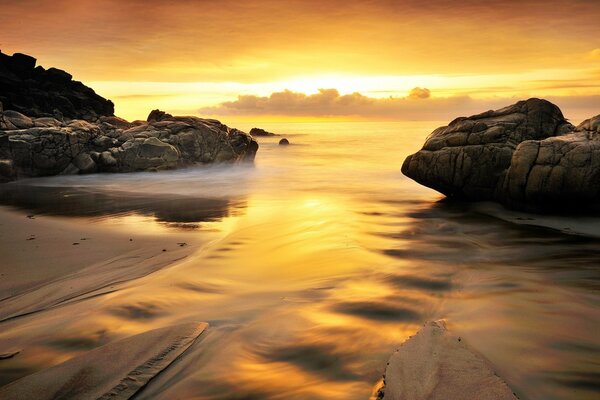 Magic bay at golden sunset