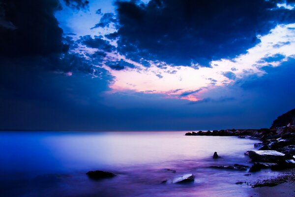 Lilac sea and lilac sunset