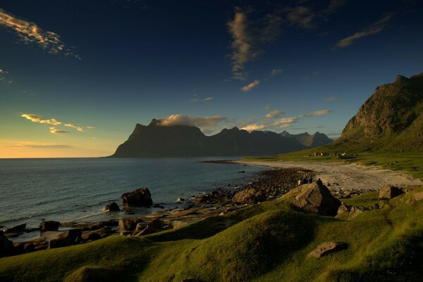 A deserted shore, not a beach, the sea is spacious-the ocean plays smoothly with its wave