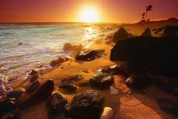 Stein-und Sandstrand. Das abendliche Meer