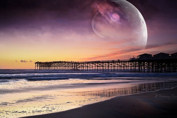 Pier at sunset on the background of a huge moon