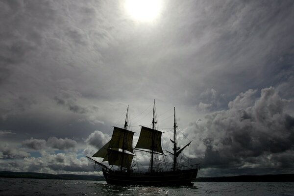 The journey of a lonely ship on the expanses of the water surface