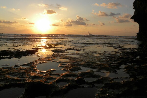 Praia oceânica ao pôr do sol com areia em cores amarelas