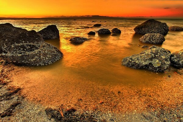 Low tide with stones on the sunset sea