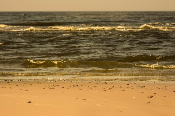 Sandy beach on the background of waves