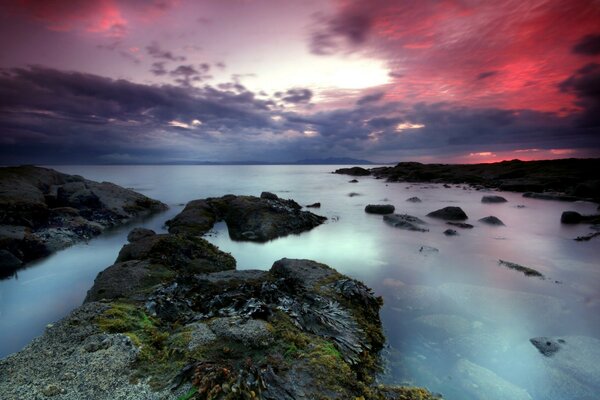 Mar, piedras, puesta de sol rosa