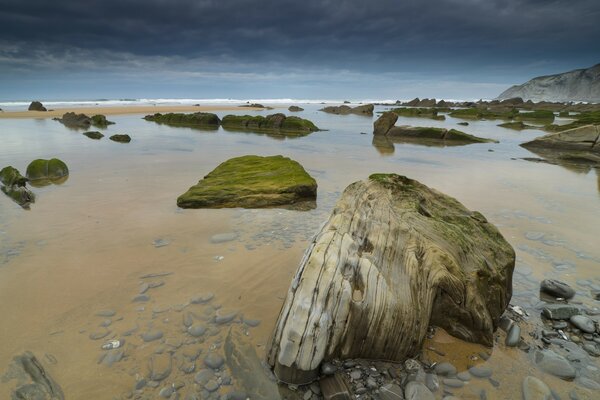 Sandy beach sea boulders