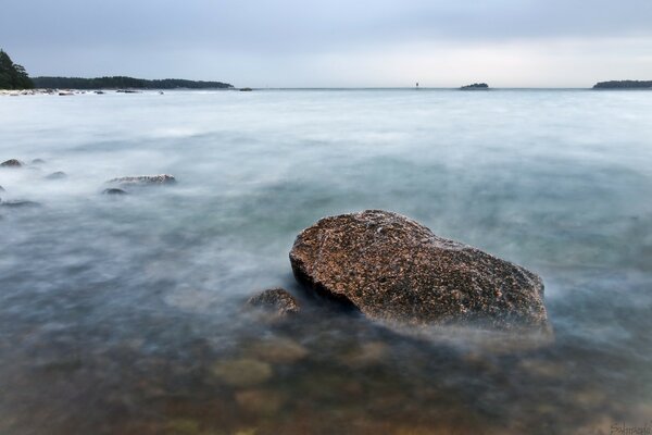 Rocky shore under a misty haze