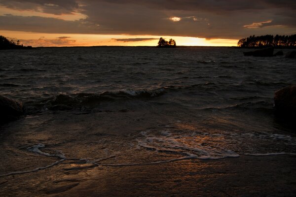 Petites vagues et mousse près de la plage au coucher du soleil