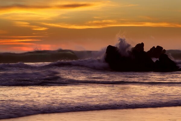 Surf marin. Coucher de soleil et ciel