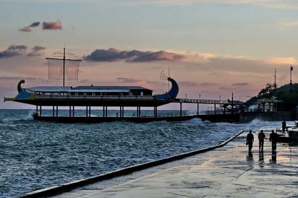 Ship on the pier in cloudy weather