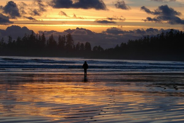 Lake beautiful sunset sky man walking on water