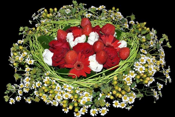 An interesting bouquet of fruits and flowers