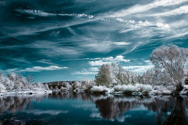 Journey to the center of the earth. Winter nature on the water