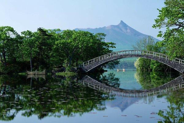 Reflektierte Brücke auf einem Berghintergrund