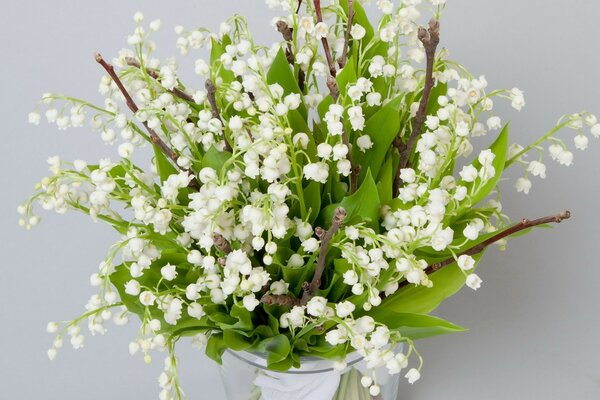 Bouquet of white lilies of the valley in a glass vase