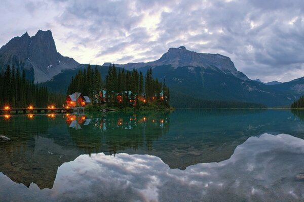 Evening village by the lake