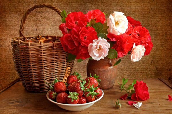 Wooden basket with red flowers