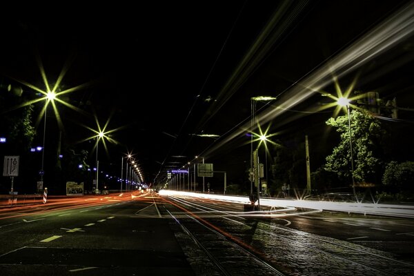 Wet road in the light of night lights