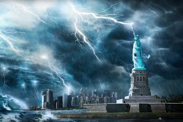 Lightning touched the Statue of Liberty on the background of large waves