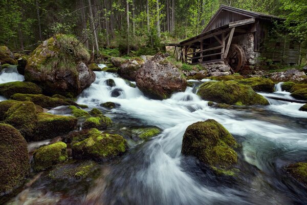 Лесной водопад у старой избушки